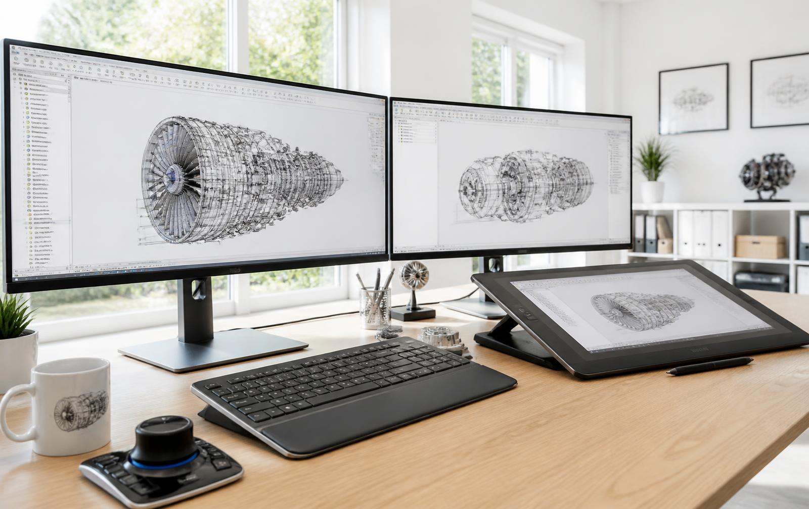 Dual monitor CAD workstation with pen display, mechanical keyboard and 3D navigation mouse